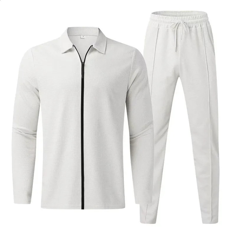 2024 Spring and Autumn Mens Sets Waffle Long Sleeved Set with Polo Collar Zipper Cardigan Casual Two Piece Set for Men 240819