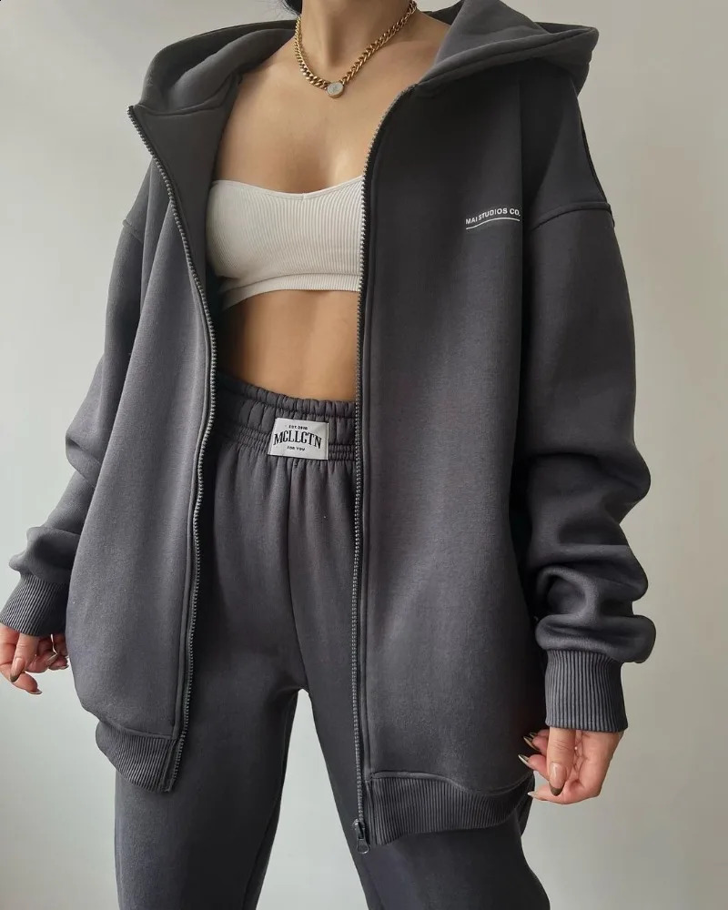 Spring Autumn Women Fashion Tracksuit Solid Color Sportswear 2 Pieces Hooded Sweatshirt Sets Oversized Pullover Shirts and Pants 240819