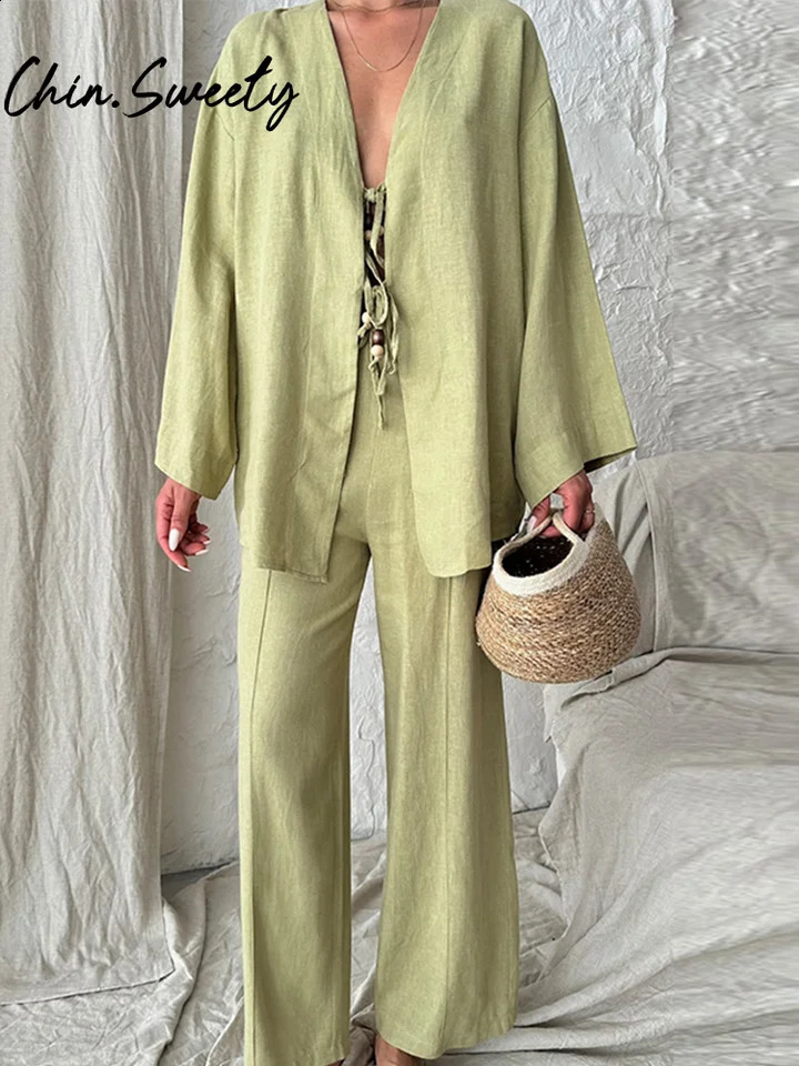Casual Solid Lace Up Shirt Trouser Set Women Chic Long Sleeve V Neck Cardigan Wide Leg Pants Suit 2024 Autumn Elegant Lady Sets 240819
