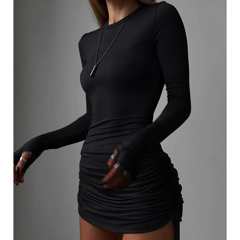 Elegant Back Ruched Mini Dress Club Outfits for Women Sexy Bodycon Long Sleeve Dresses Solid Casual Vestido 240819