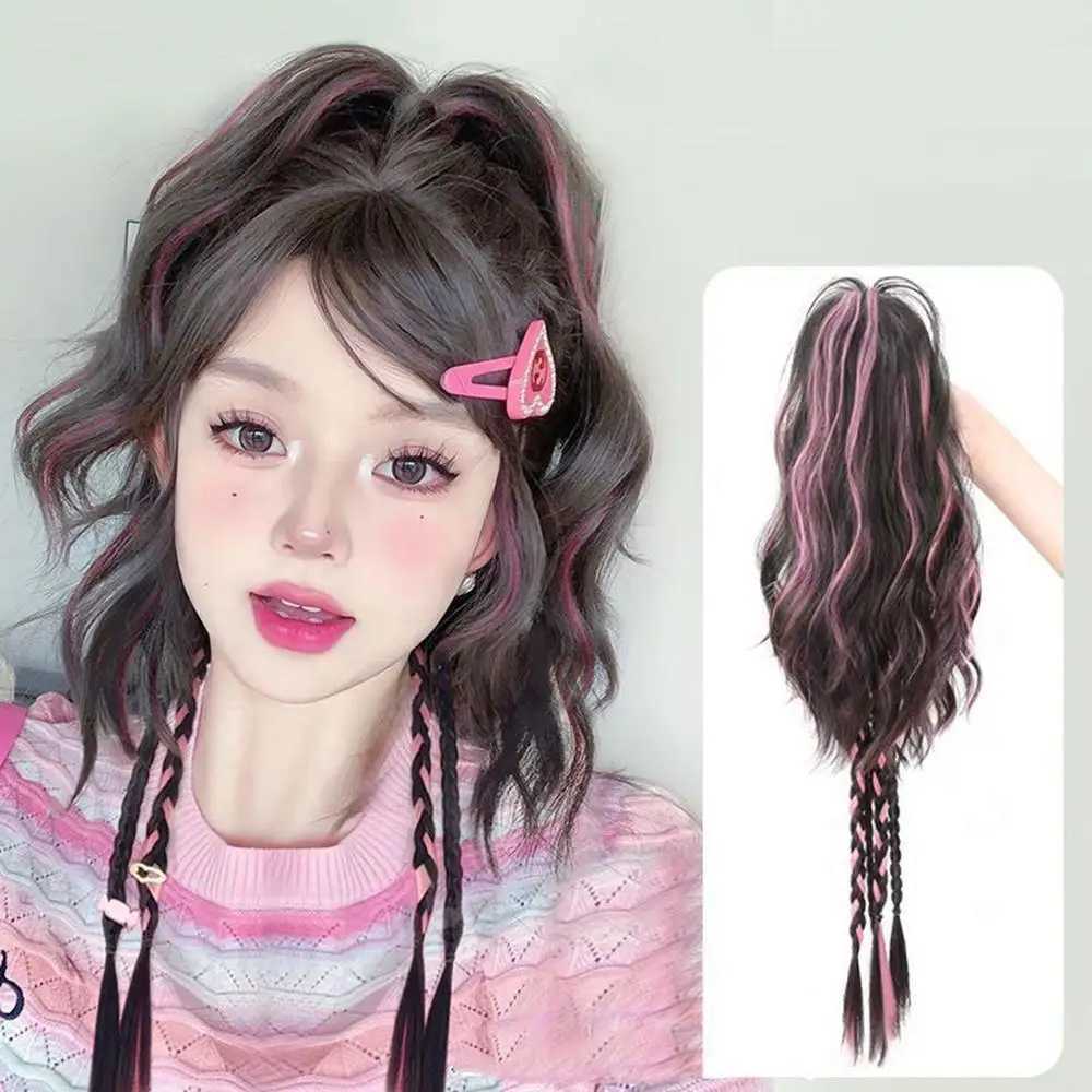 45CM Y2K Womens Ponytail Synthetic Wig Pink Blue High Brightness Ponytail Simulation Hair Half Series Curly Hair Trend Hot Girl W240817