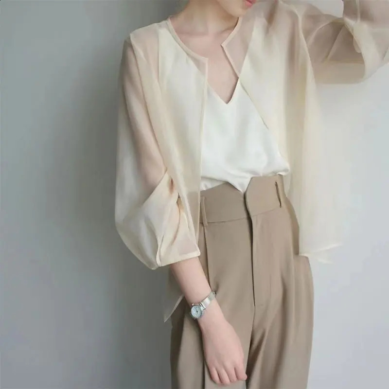 Women Summer Sun-proof Cardigan Through Fashion Sunscreen Thin Shawl Perspective Long Sleeve Blouse Chiffon Organza Coat 240820