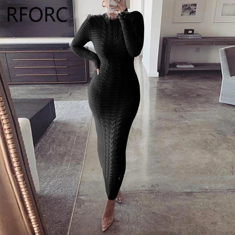 Women Solid Round Neck Long Sleeves Basic Maxi Knitting Skinny Dress 240819