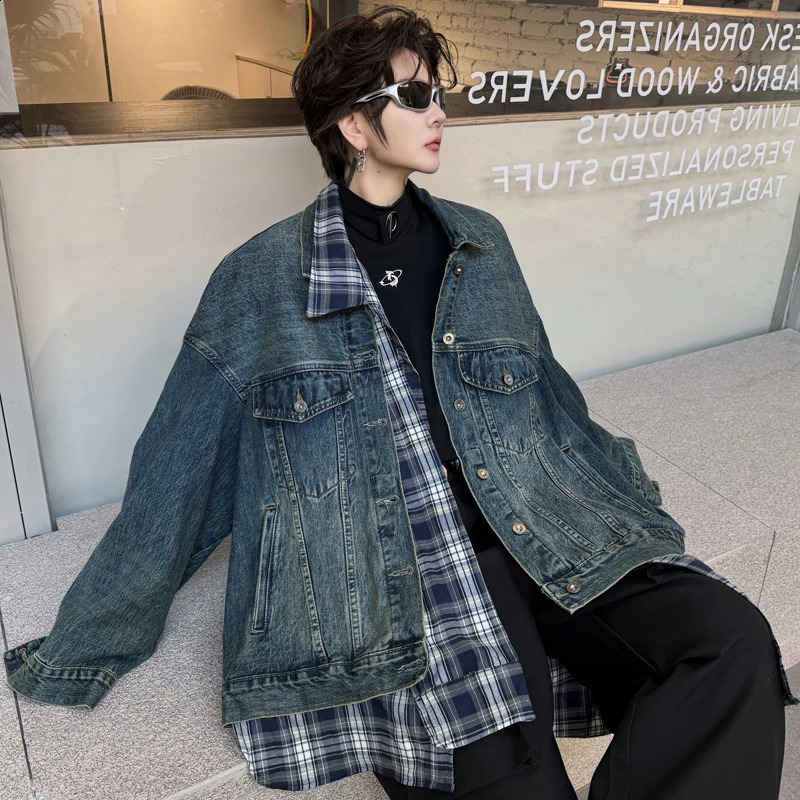 LUZHEN Spring Fashion Grid Loose Shirt Splicing n Cowboy Jacket Mens Street Trend Two LZ3072 240809