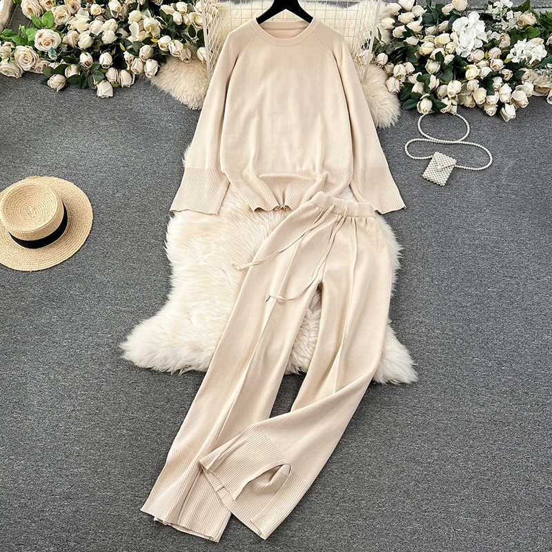 Heliar Womens Knitted Loose 2-piece Set Long Sleeve O-neck Sweater Wide Leg Pants Set Casual Office Set Autumn/Winter 241230