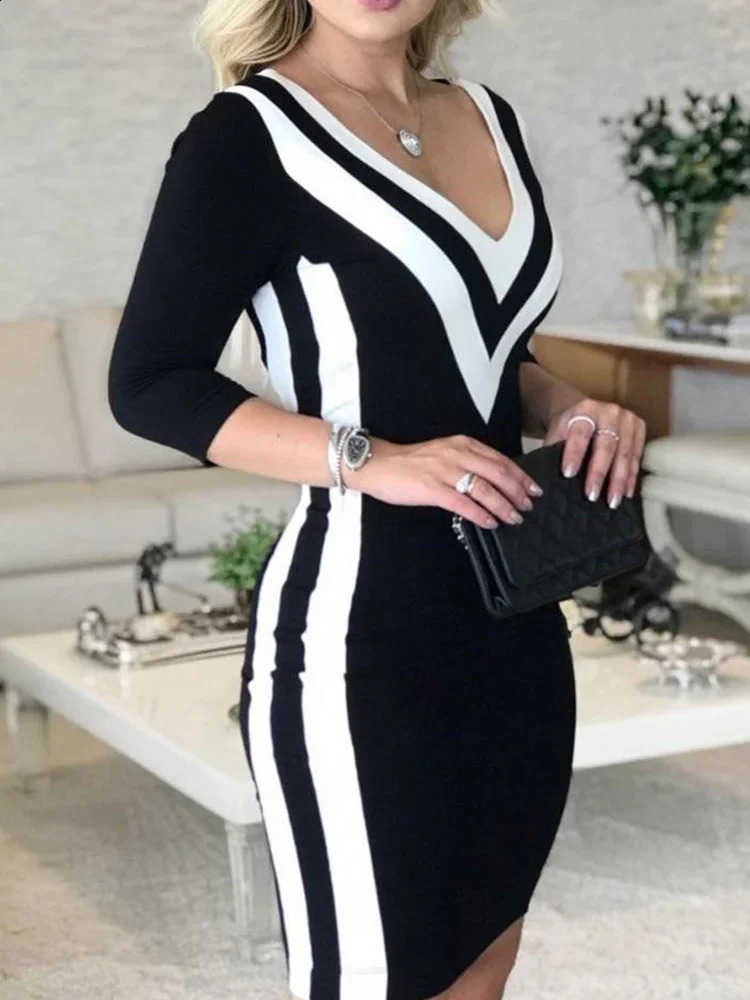 Contrast Color Striped Tape Bodycon Dress Women Sexy V Neck Long Sleeve Party Dress 240823