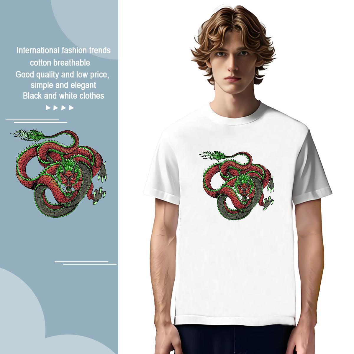 Mens T Shirts 230g 100% Cotton dragon Sports Casual Crew Neck Breathable Skull Men Tops Tees Fashion Loose Fit Tshirts