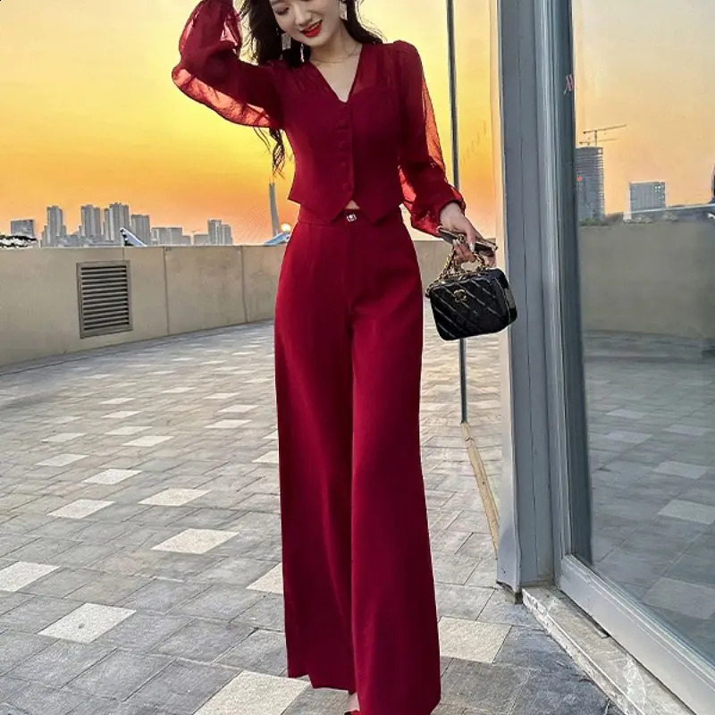Summer Solid Color Suit Women V-neck Slim Long Sleeve Lace Patchwork Button Cardigan and Zipper High Waist Wide Leg Trousers 240819
