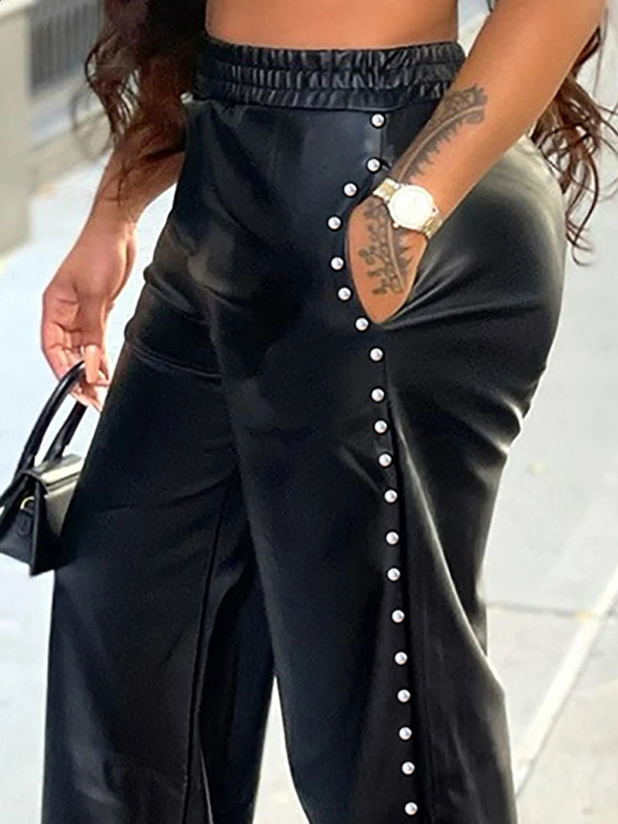 Black PU Leather Pants Pocket With Metal Decoration Loose Slit Wide Leg Fashionable Street Fashion Womens Casual Bottom