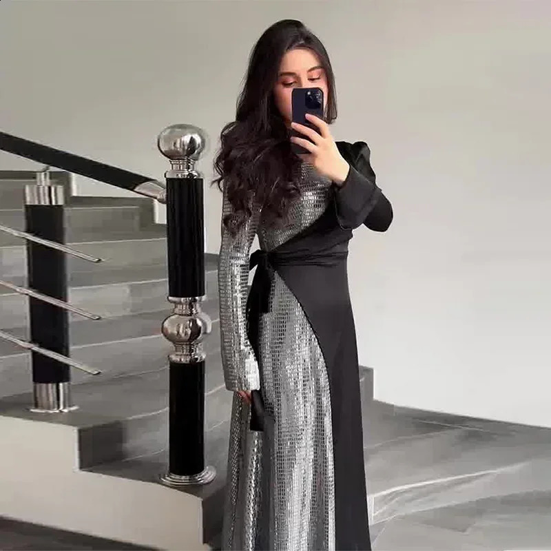 Fashion Sequin Patchwork Dresses For Women Spring Autumn Ladies Slim Solid Long Sleeve Dress Female Evening Party Vestido 240819