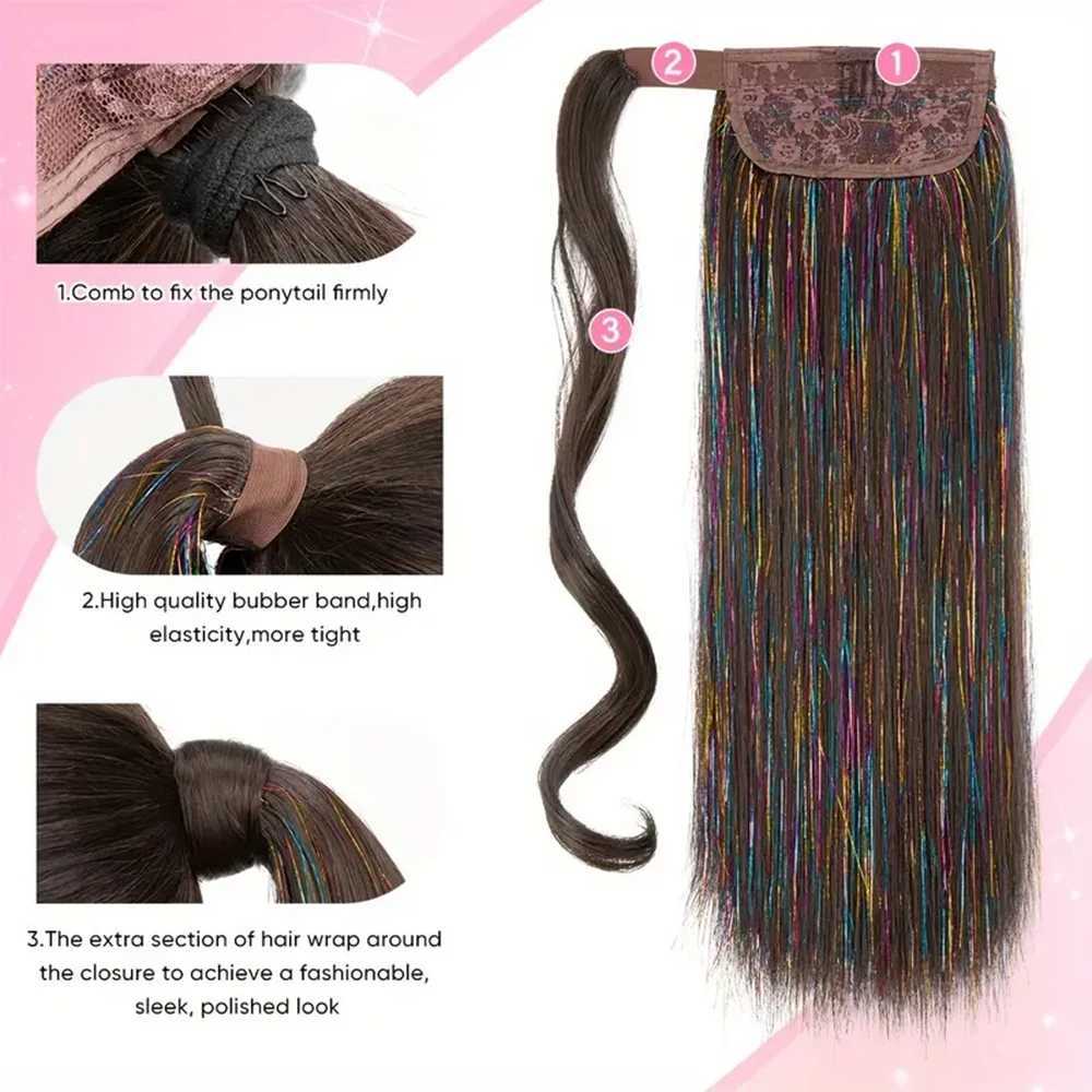 22 inch long and straight hair sparkling Tinsel ponytail wig extends around synthetic fiber hair suitable for women to use W240817