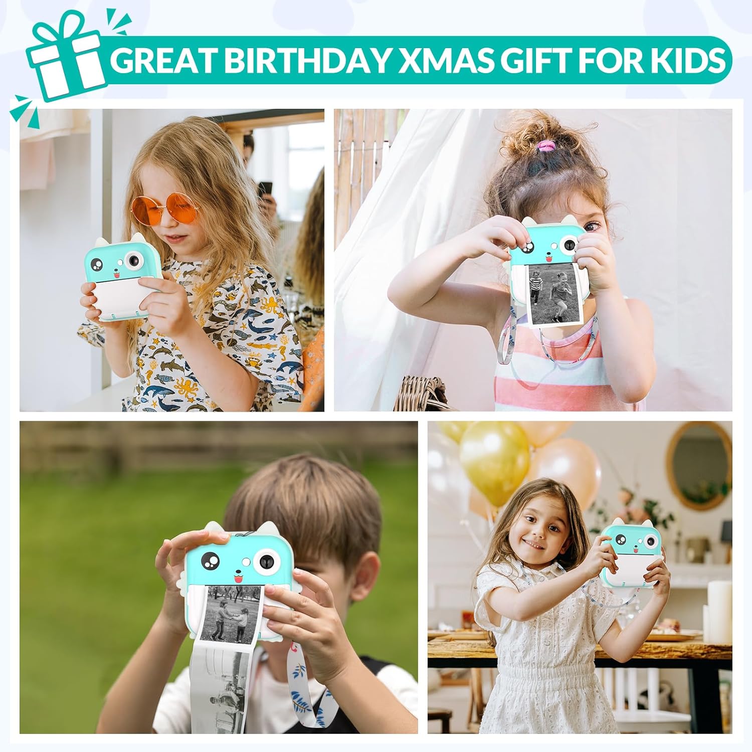 Kids Camera Instant Print Photo Children Inkless Mini Printer Digital Instax Cameras Video Educational Toys Boy Girl Gift with 2.4inch Screen 48MP Pho