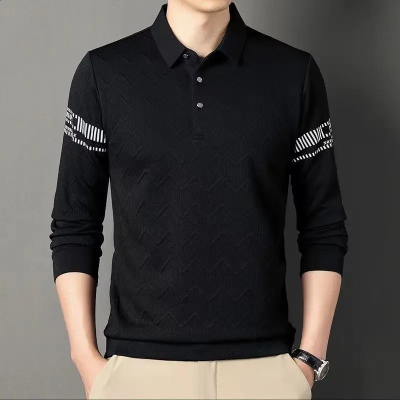 Korean Simple Autumn Casual Mens Polo Shirt Solid Print Lapel Button Jacquard Fashion Loose Trend Versatile Long Sleeve Top 240820