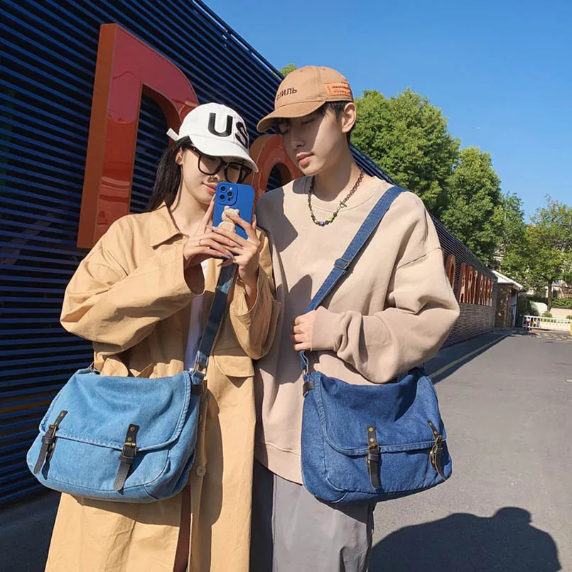Denim Unisex Jean Campus Big Capacit Foldable Cover Crossbody Messenger Bag Handbags Letter Shoulder Shopper Laptop Female Purse 240819