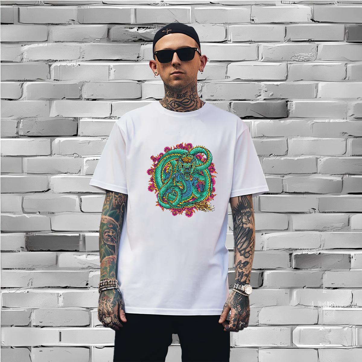 Loose Fit dragon T-Shirts Casual Men Tshirts 230g 100% Cotton 2024 Summer Crew Neck Breathable Custom Print Plus Size Wear