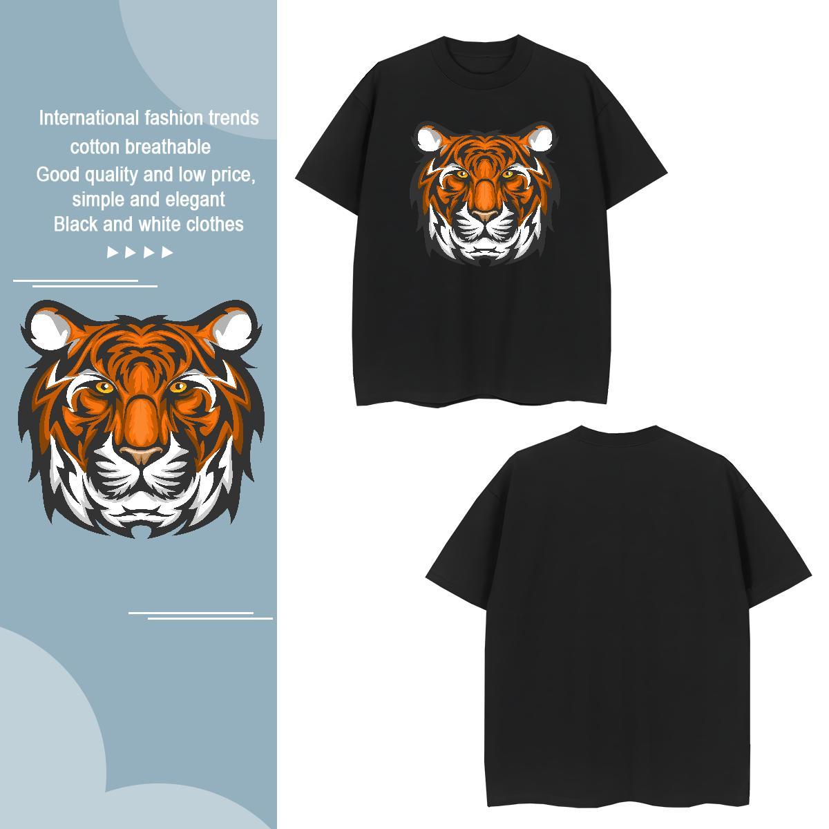 Comfortable T-Shirts for Men tiger Breathable Crew Neck Street Casual Anime 230g 100% Cotton Men Clothes T-Shirt 2024 Summer Polos