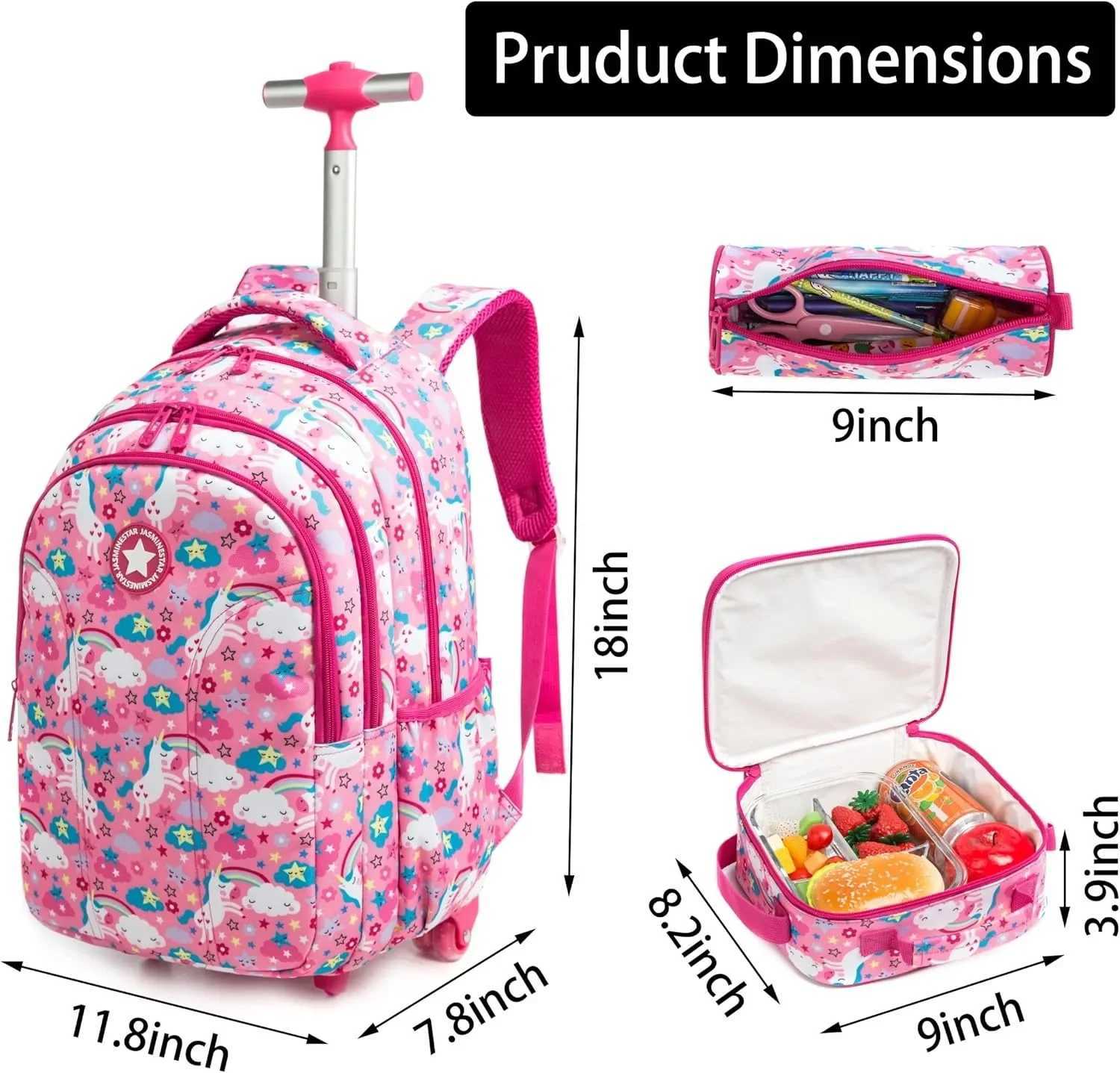 Girls School Backpack Child Wheeled Bag Set for Boys Roller Bag Rolling Luggage School Trolley Backpack with Lunch Bag Insulated Y240820