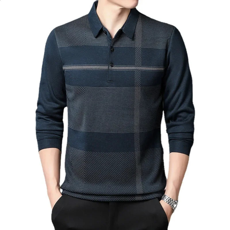 Autumn Mens Long-sleeved T-shirt Loose Casual Mens Striped Lapel Polo Shirt Bottoming Shirt Mens Shirts 240820