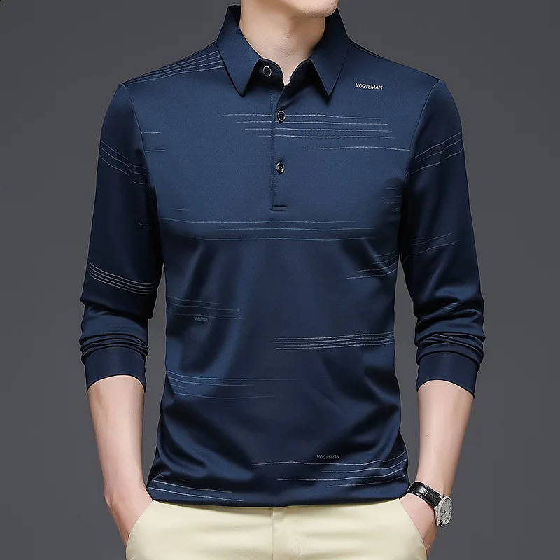 Autumn Mens Long Sleeve Mercerized T-shirt Business Casual Lapel Thin Long Sleeve Polo Shirt 240820