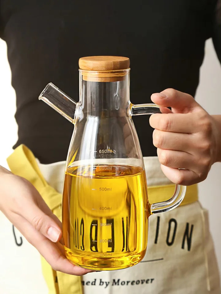 650/1000ml household creative glass dispenser oil bottle with scale and handle kitchen soy sauce vinegar seasoning storage container 240819