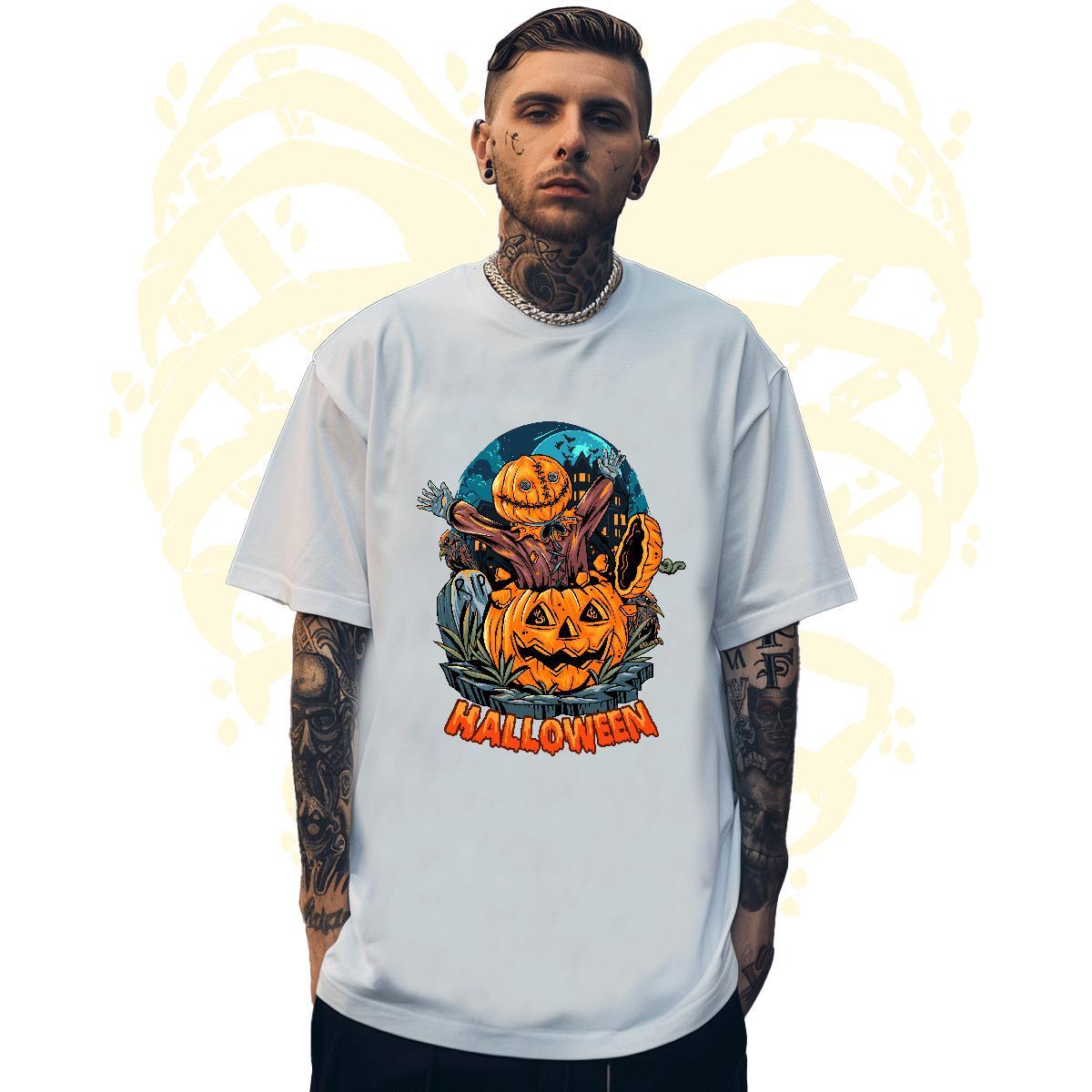 Loose Mens T Shirts pumpkin Breathable Crew Neck Home Outdoor Cartoon Print 230g 100% Cotton Men Tees Free Shipping Clothes