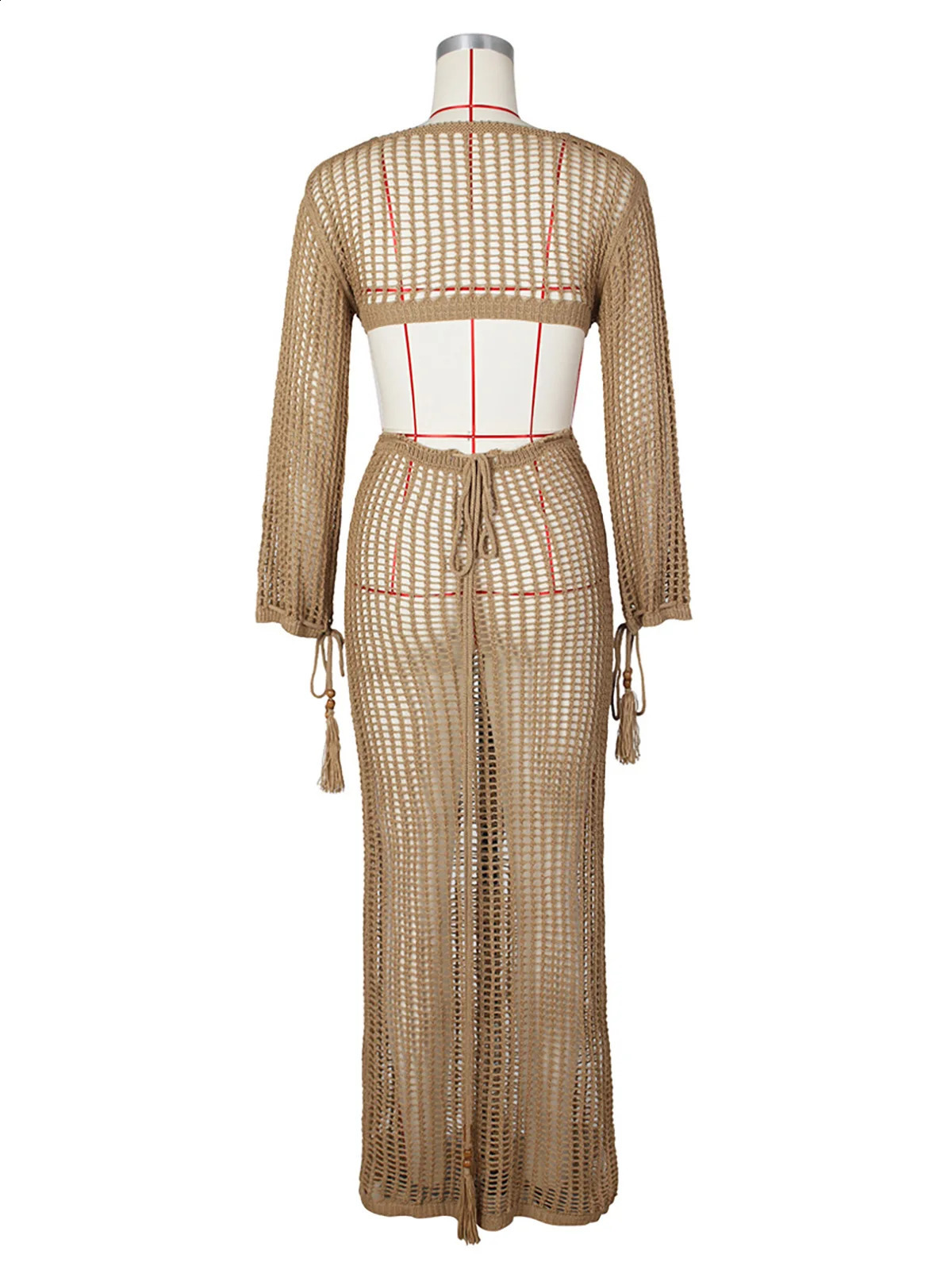 S - XL Sexy Crochet Knited Hollow Out Bodycon Long Dress Long Sleeves Fringe Tunic Cover-Ups Beach Dress Maxi Dress DV5322 240819