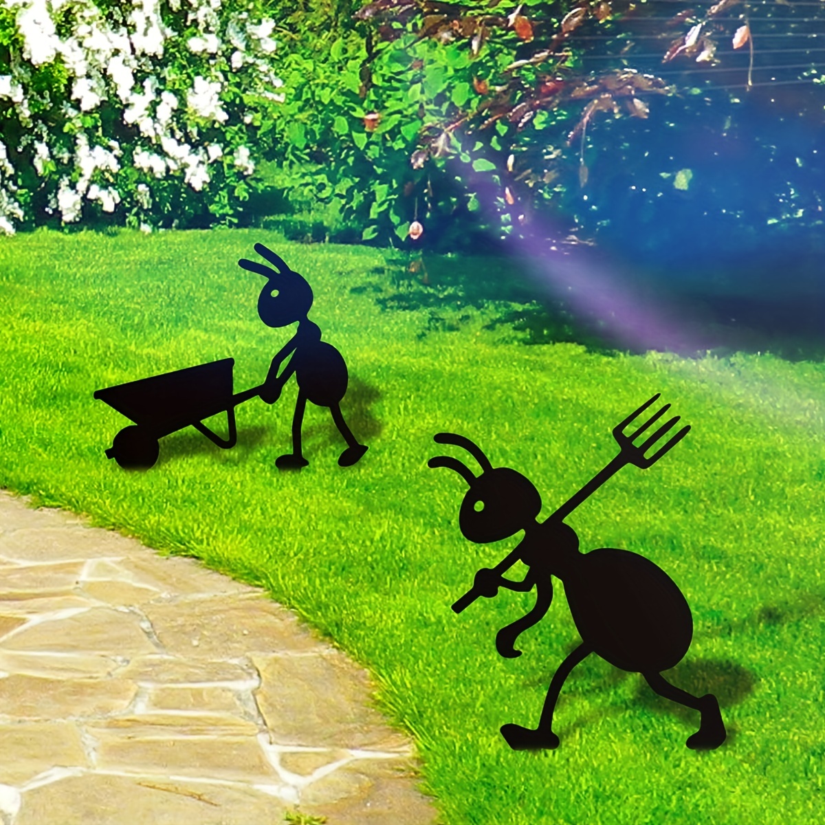 Garden decoration interesting work farm ants garden stake decoration with fork and wheelbarrow, black metal 2 pieces ants