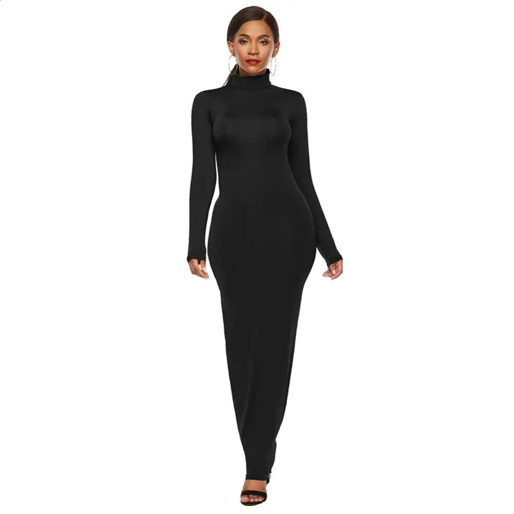 Women Long Dresses Plus Size Party Solid Color Women Long Sleeve Turtleneck Bodycon Dress Maxi Vestidos S-5XL 240823