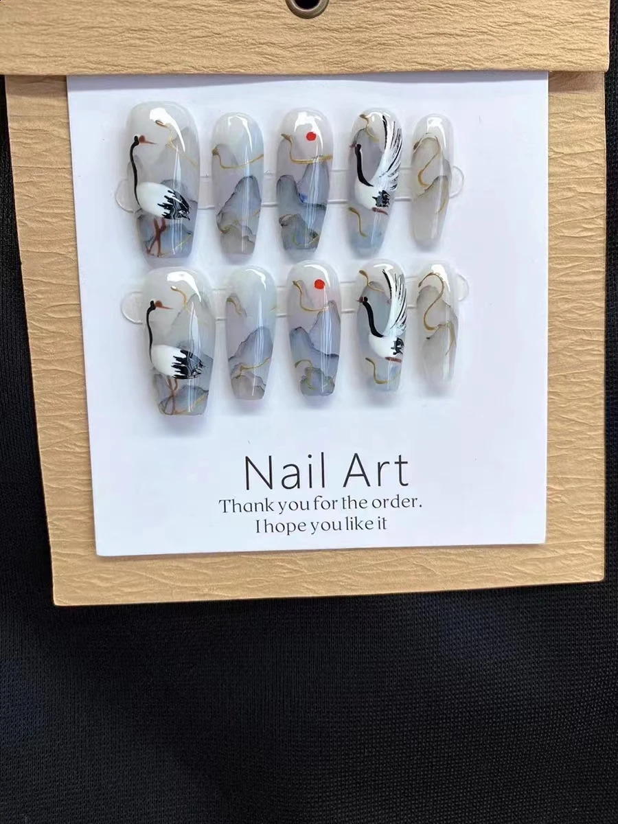 Handmade Nails Set Press on Long fake Nails with Glue Chinese Hand Paint Design Acrylic Full Cover Nail Tips for Girls 240815