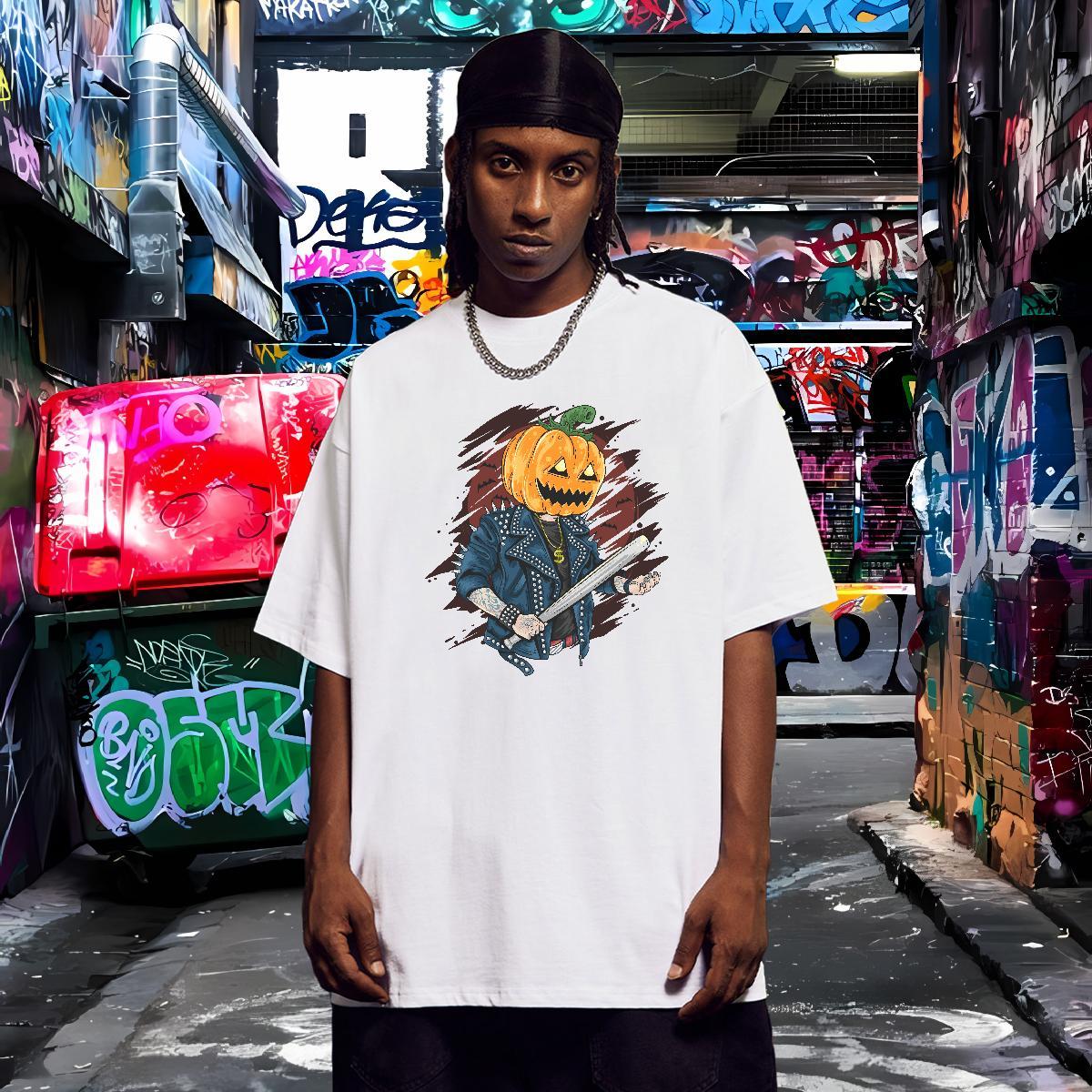 Comfortable T Shirt For Man pumpkin Round Neck Short Sleeve Anime Printing Street Black Oversized 230g Cotton Men Tops Tees Stylist Tops Shirt