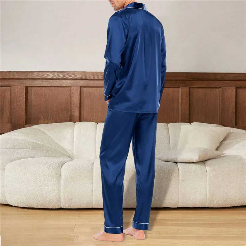 Mens Pajama Set Ice Silk Pajama Collar Pajama Long Sleeve Spring Mens Pajama 2-piece SetW240719