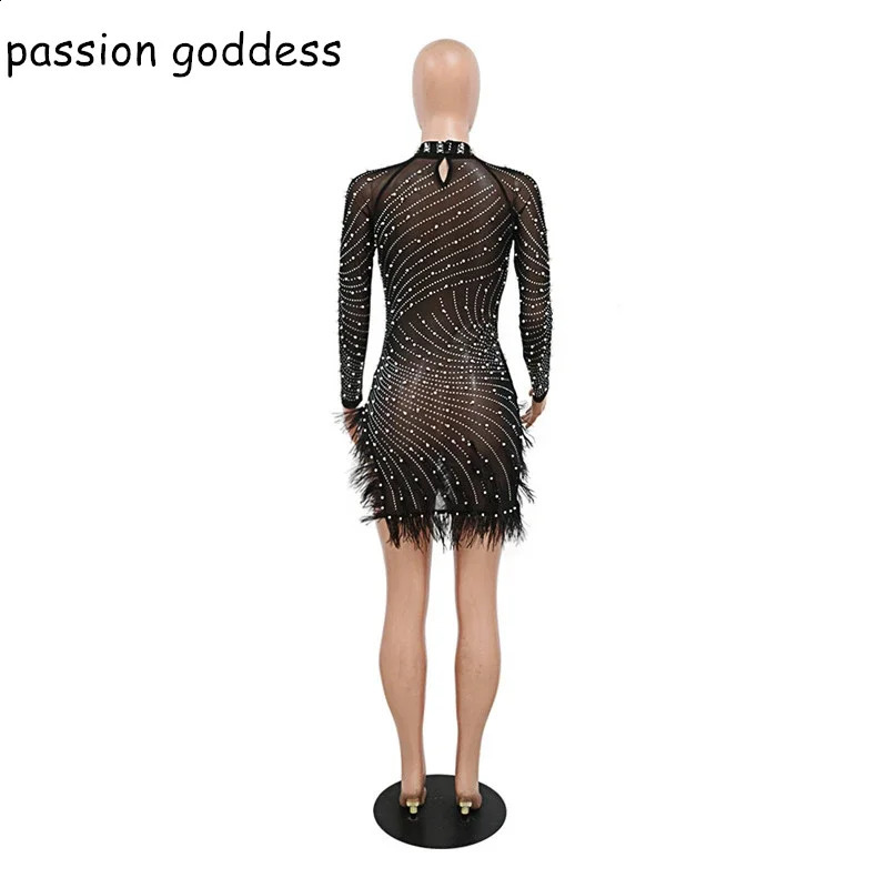 Fashion Long Sleeve Diamonds Sexy Bodycon Mesh See Through Party Dresses for Women Feather Pearls Black Irregular Club Dress 240819