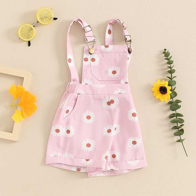 Children toddlers girls summer short sleeved print sleeveless buttons adjustable shoulder straps jumpsuit with pockets W240806