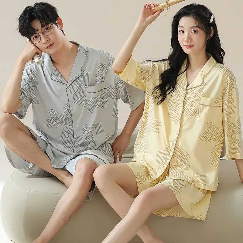 Summer short sleeved Korean style cardigan two-piece set casual V-neck couple pajamas womens pajamas mens pajamasW240719