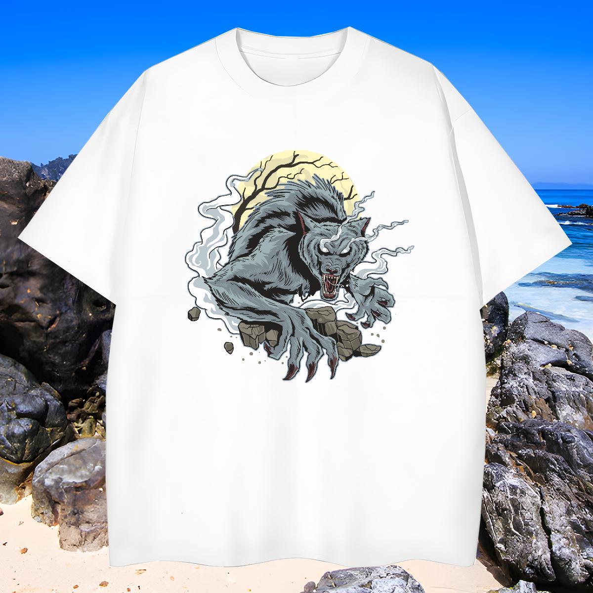 Unisex Man T Shirts wolf Short Sleeve Soft Daily Outfit Custom Cartoon 230g Cotton Couples T Shirts 2024 Summer Tops Shirt