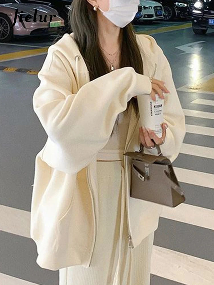 Jielur Loose O-neck Hooded Womens Sweatshirts Zip-up Simple Solid Color Sweet American Female Hoodies White Casual Sweatshirt 240819