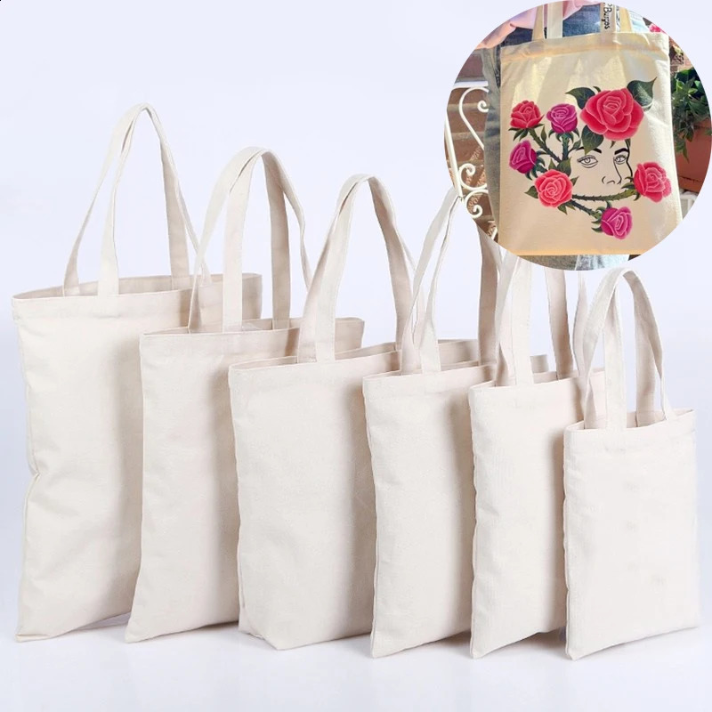Large Capacity Canvas Shopping Bags Folding EcoFriendly Cotton Tote Reusable DIY Shoulder Bag Grocery Handbag Beige White 240819ZYl
