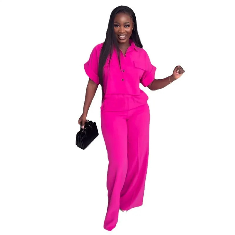 Tracksuit Women Pant Sets Single Breasted Solid Turn Down Collar Cardigan Bouses Button High Waist Wide Leg Pants Basics 240819