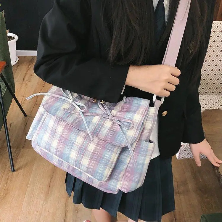 Ballet Style Sweet Bow Bag Womens Large-capacity Bag Leisure Plaid Messenger Bag One-shoulder Tote Bag 240819