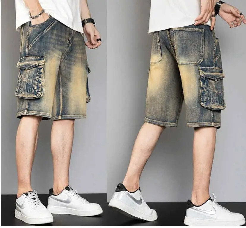 Mens Multi Pocket Summer Loose Distressed Wide Leg Knee Length Shorts Washed Fashion Denim 240819