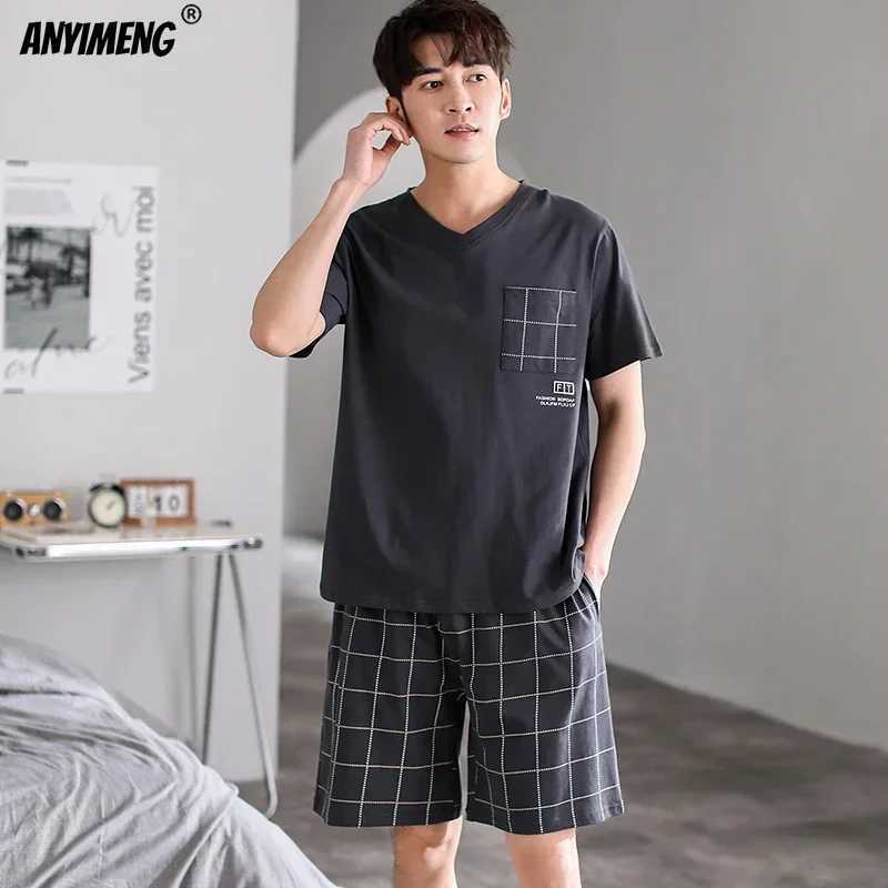 Dropshipping Pajama Set Mens Cotton Pajama Large Size 3xl 4xl Pajama Para Hombre Summer Cotton Short PajamaW240719