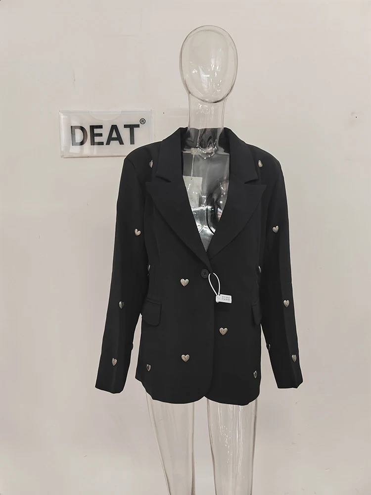 DEAT Fashion Womens Jacket Open Front Long Sleeve Single Button 3D Love Rivet Decoration Set Autumn Style 7AB858 240819