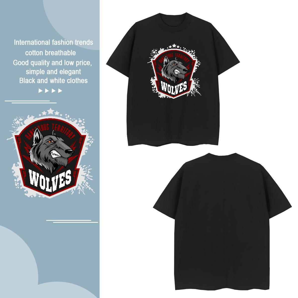 Free Shipping T Shirts Men wolf O-Neck Short Sleeve Hip Hop Street Cartoon Print 230g Cotton Couples T Shirts Fashion Tees