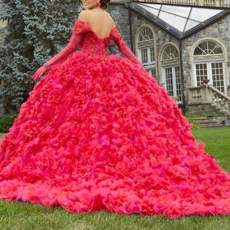 Red Shiny Princess Ball Gown Quinceanera Dress Off the Shoulder Long Sleeve Beads Lace Tull Tiered Party Birthday Vestidos De 15 Anos