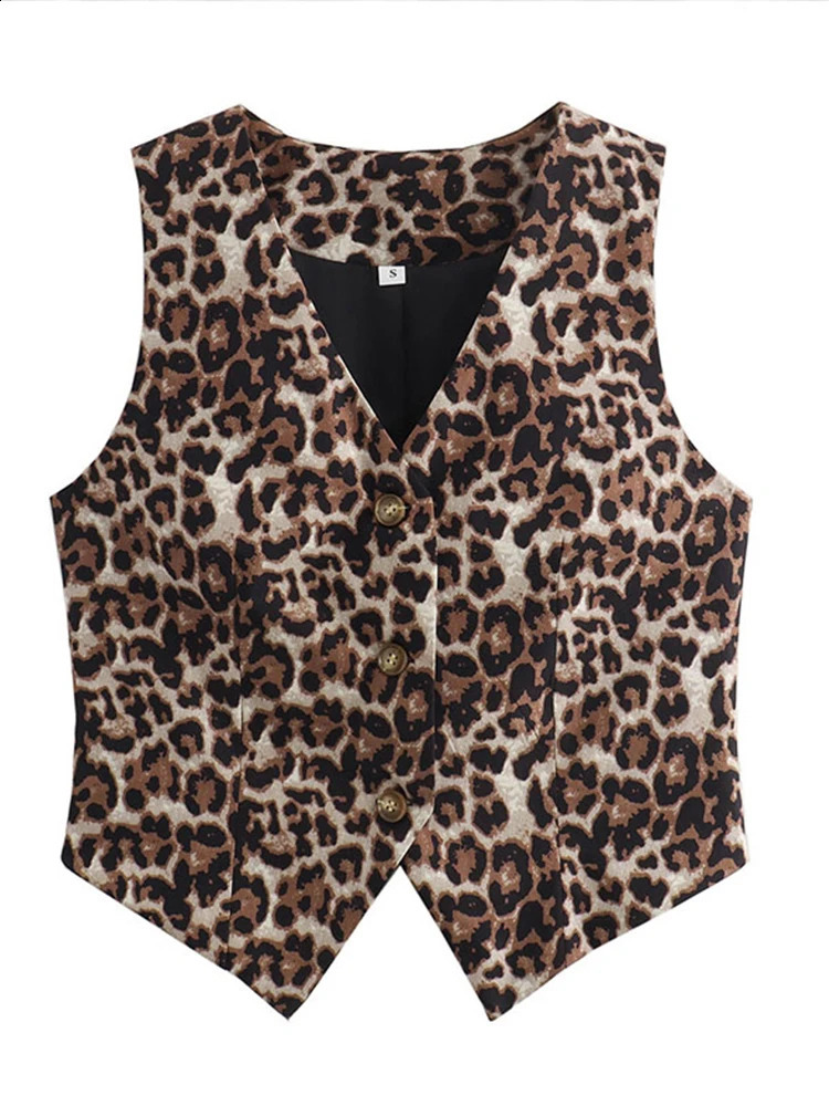 Womens retro leopard print Vneck single chest vest womens casual sleeveless jacket printed 240819