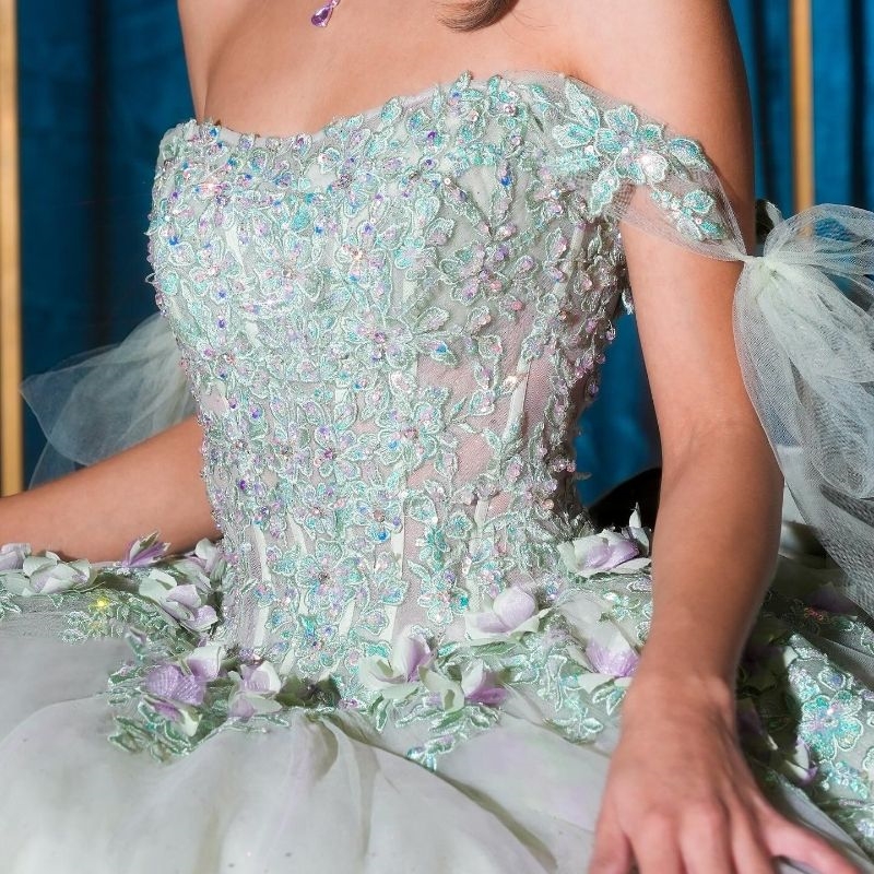 Mint Green Shiny Princess Quinceanera Dresses Off Shoulder Handmade wer Applique Beaded Tull Corset Sweet 16 vestido de 15 anos