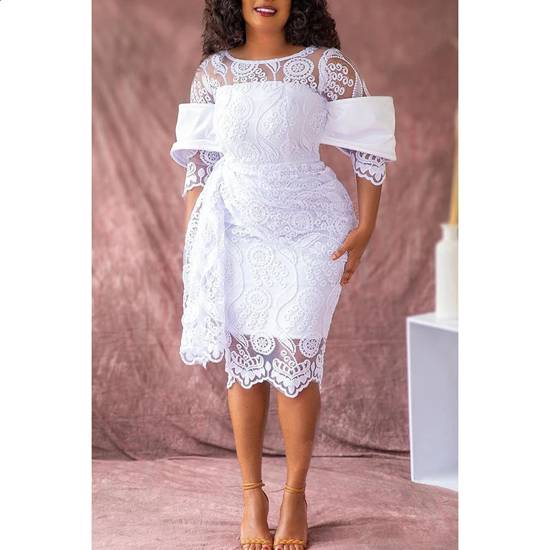 Plus Size Womens White Daily Round Neck Lace Mid-length Casual Fashion Dress