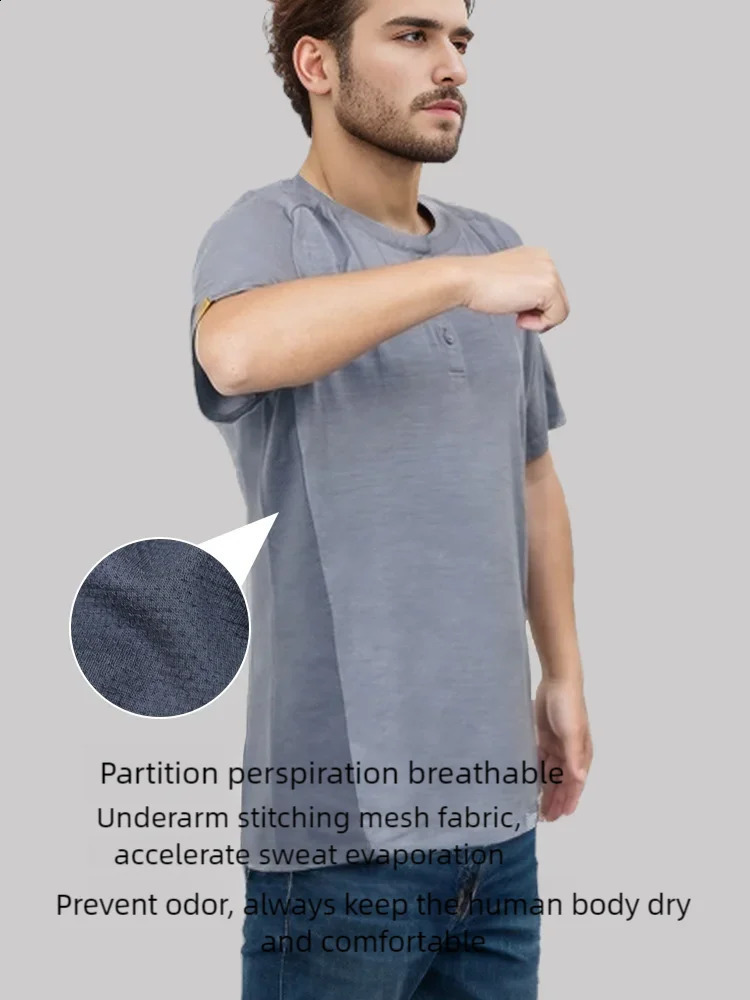 Grey Shell Outdoor Merino Wool Sports Mens Short Sleeve Mesh Patch Work Light Quick Drying Tshirt 240819