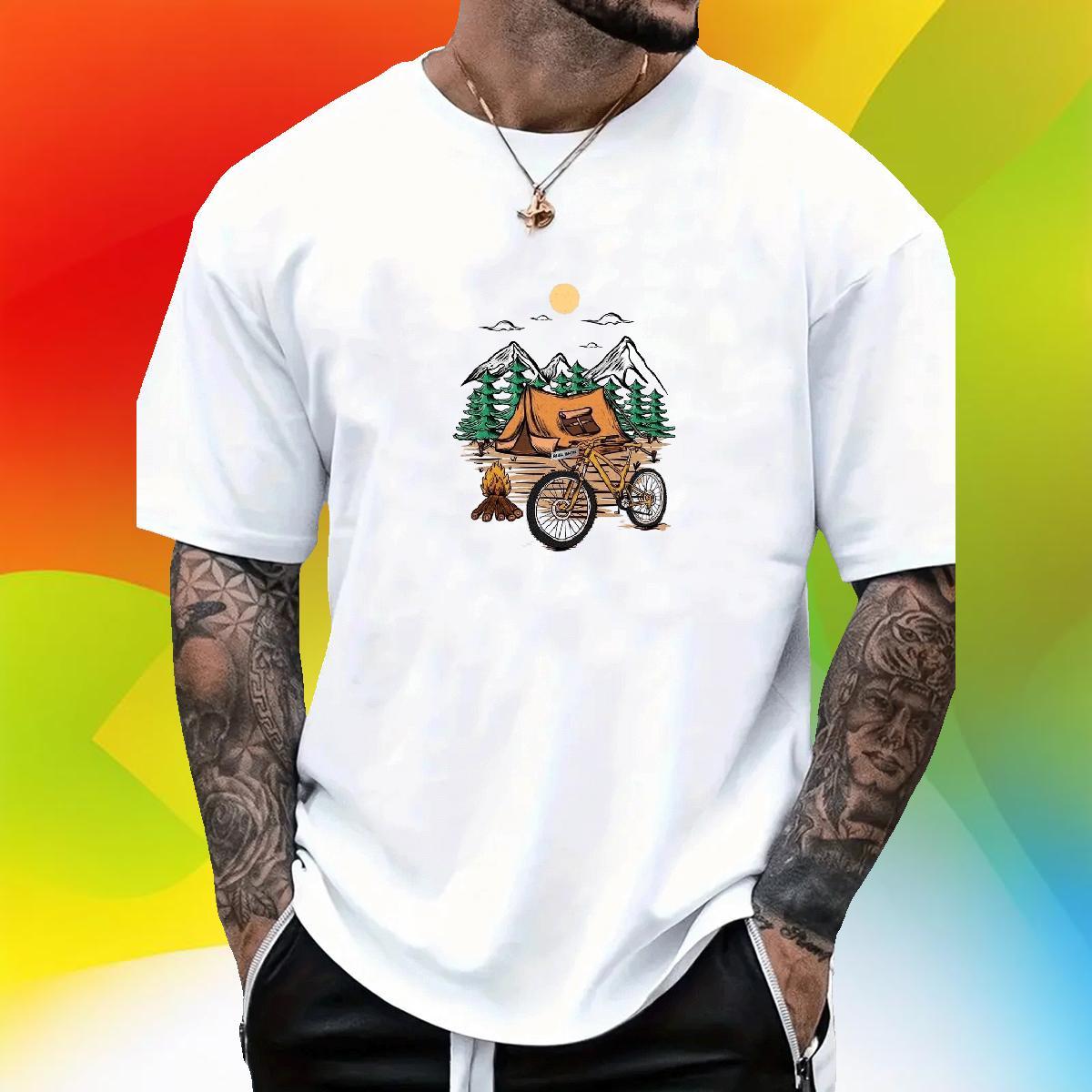 Loose Fit Mens Tshirts Casual Daily Wear 100% Cotton 230g Cartoon Print Breathable Crew Neck mountains T-Shirts 2024 Summer Tops Shirt