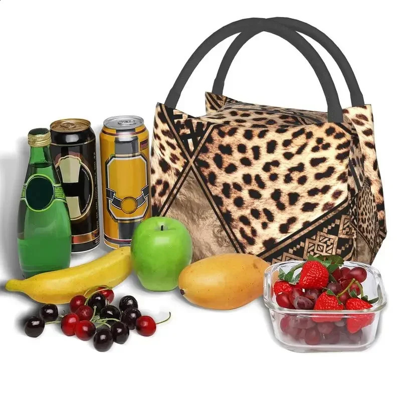 Custom Cheetah Fur With Ethnic Ornaments Printing Lunch Bags Women Cooler Thermal Insulated Lunch Box for Work Pinic or Travel 240819